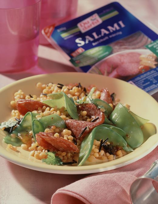 recipe image Zuckerschotensalat mit Salami